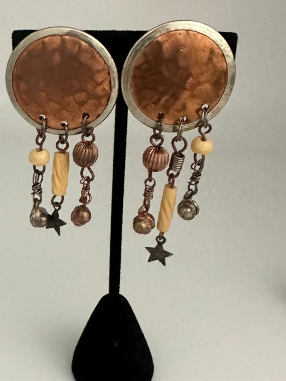 Vintage Artisan Copper Mixed Metal Asymmetrical Clip On Earrings 2.5